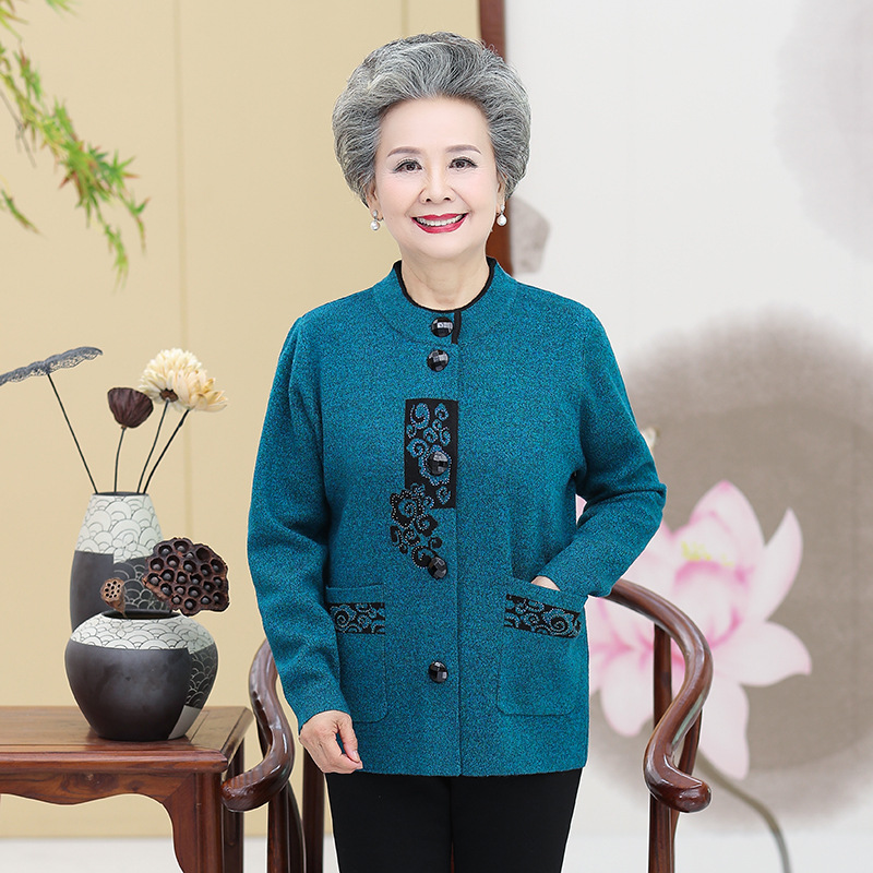 Grandma Autumn Knitted Sweater Cardigan Tang Suit Loose Top Clothes Coat Long Sleeve Fleece-lined Thickened Sweater for the Elderly Mother