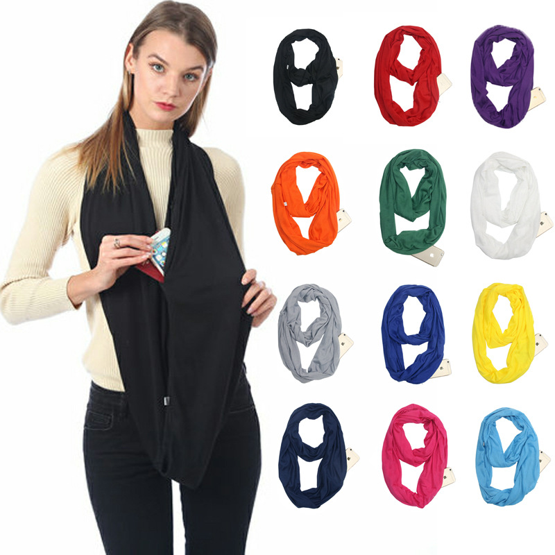 Solid Color Storage Zipper Pocket Scarf Infinity Scarf Female Scarf display picture 1