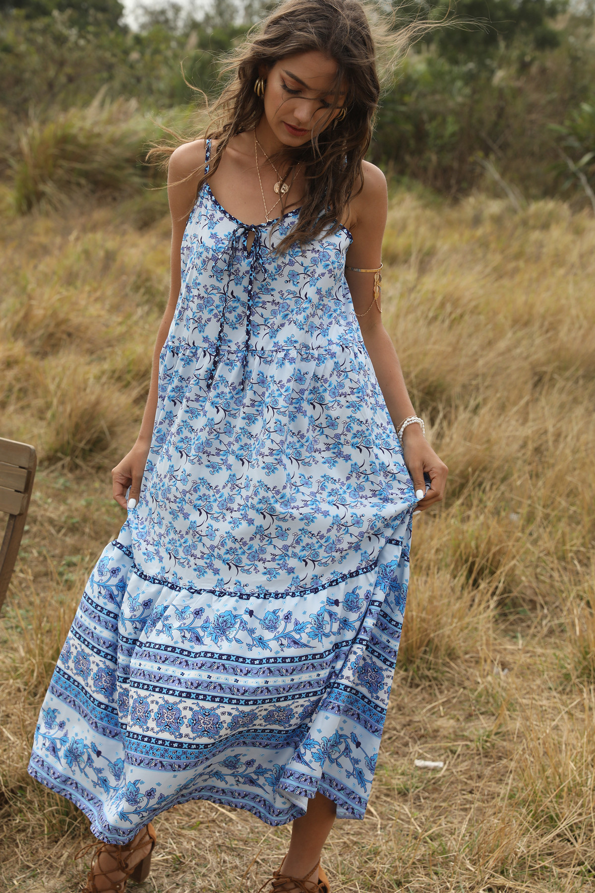 print loose V-neck stitching large swing suspender dress women's clothing NSDF1593
