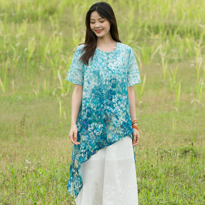 新款女装2020年夏装中国风复古宽松衬衫苎麻印花薄款短袖上衣|ms