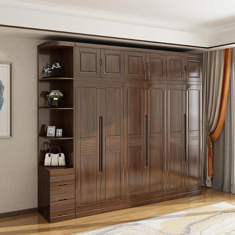 实木衣柜胡桃木现代简约中式三四五六门储物收纳经济型原木大衣橱|ms