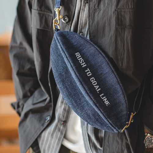Maden Workwear Retro Denim Crossbody Rugby Chest Bag with Denim Letters, High-Capacity Men's Trendy Shoulder Bag for Commuting