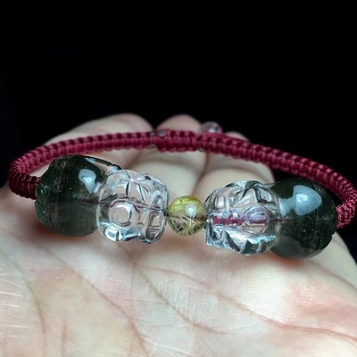 巴西绿幽灵聚宝盆双貔貅手链雕刻编绳搭配发晶珠