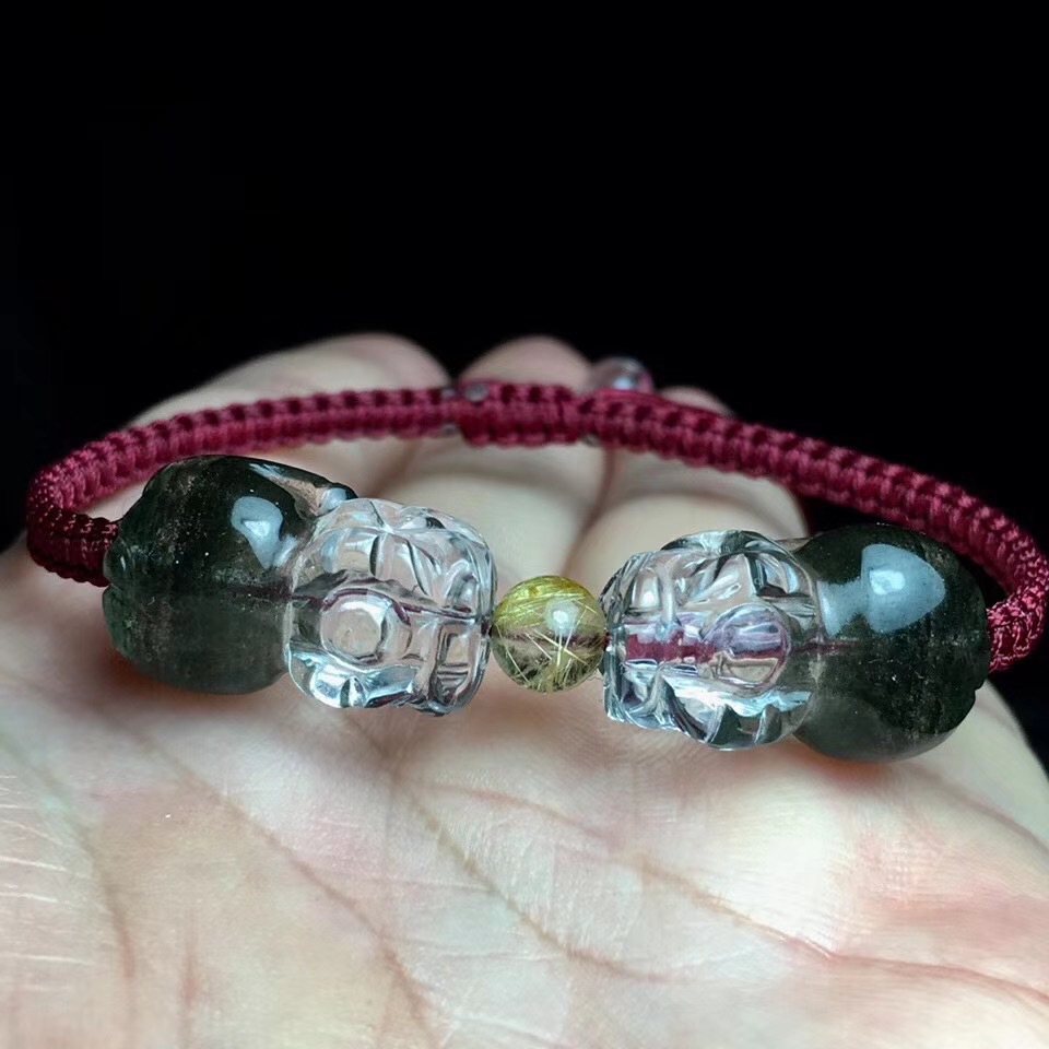 巴西绿幽灵聚宝盆双貔貅手链雕刻编绳搭配发晶珠