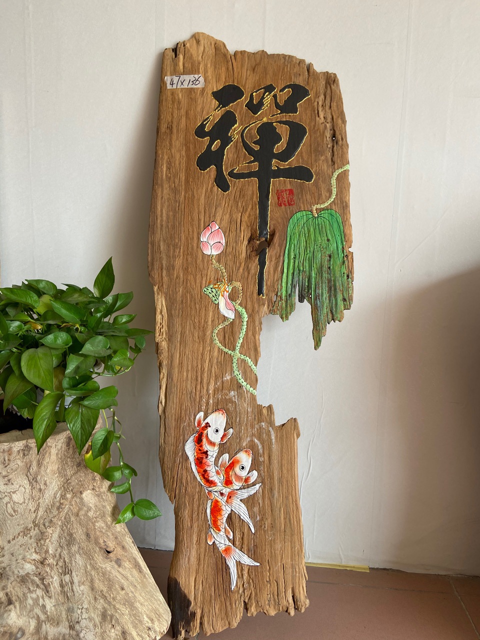 风化木板手绘漆画定制墙饰复古木板画风化木荷花板画客厅手绘壁饰|ms