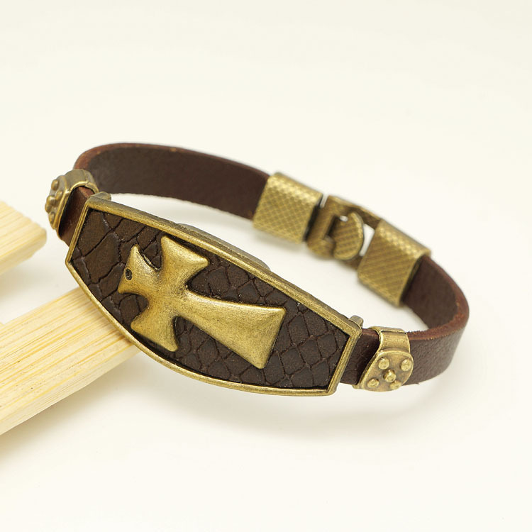 European and American Fashion Men's Cowhide Bracelet Zinc Alloy Cross Genuine Leather Bracelet Simple Leather Bracelet for Export