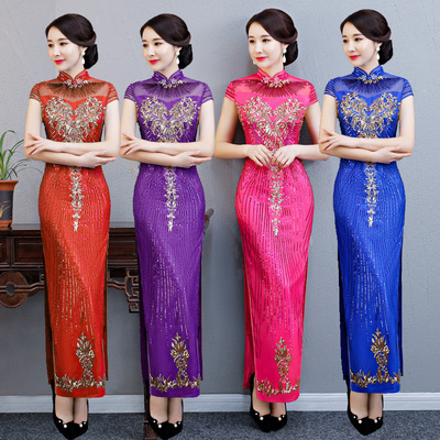 Chinese Dress Qipao for women Lace skirt long cheongsam Chinese banquet dress retro long cheongsam show cheongsam large size