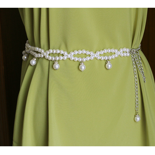 Belt women's pearl waist chain European and American simple pearl tassel pendant decorative belt belly dance dance chain with skirt