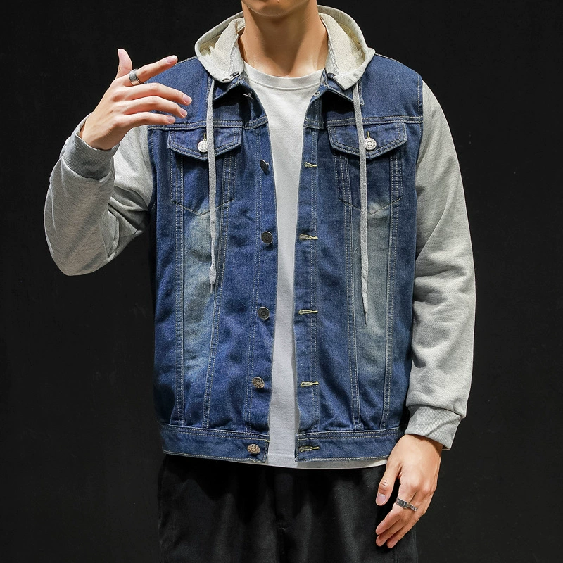 2021 весеннее корейское Трендовое джинсовое пальто для мальчиков свободная Весенняя джинсовая мужская куртка с капюшоном