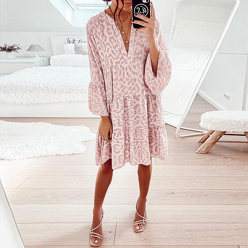 Spring Summer Printed Long Sleeve Loose V-neck Stitching Babydoll Dress for Women