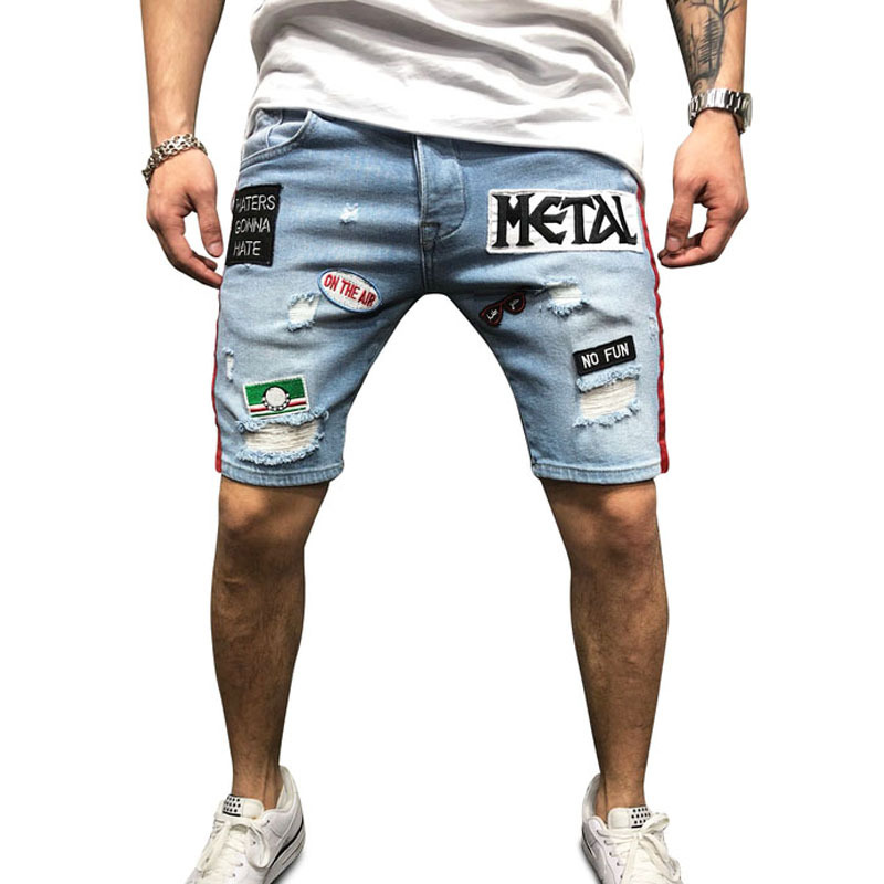 Foreign trade summer explosion men's fashion denim hole embroidered label shorts Europe and the United States loose straight jeans 13 Foreign trade summer explosion men's fashion denim hole embroidered label shorts Europe and the United States loose straight jeans 6
