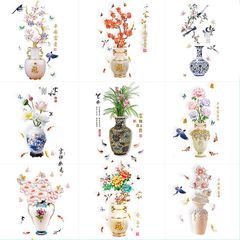LoveGuest Cross-border 3D Stereo Combination Chinese-Style Peace & Prosperity Lotus Vase & Potted Plant Wall Decals for Living Room, Dining Room, and Bedroom