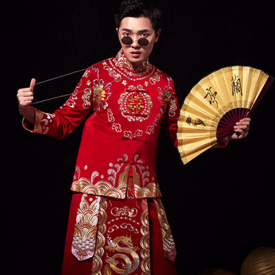 2021新款男士敬酒服红色礼服中式新郎结婚刺绣喜服夏季秀禾服男装|ms