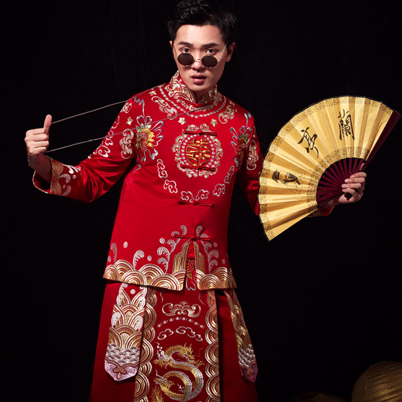2021新款男士敬酒服红色礼服中式新郎结婚刺绣喜服夏季秀禾服男装|ms