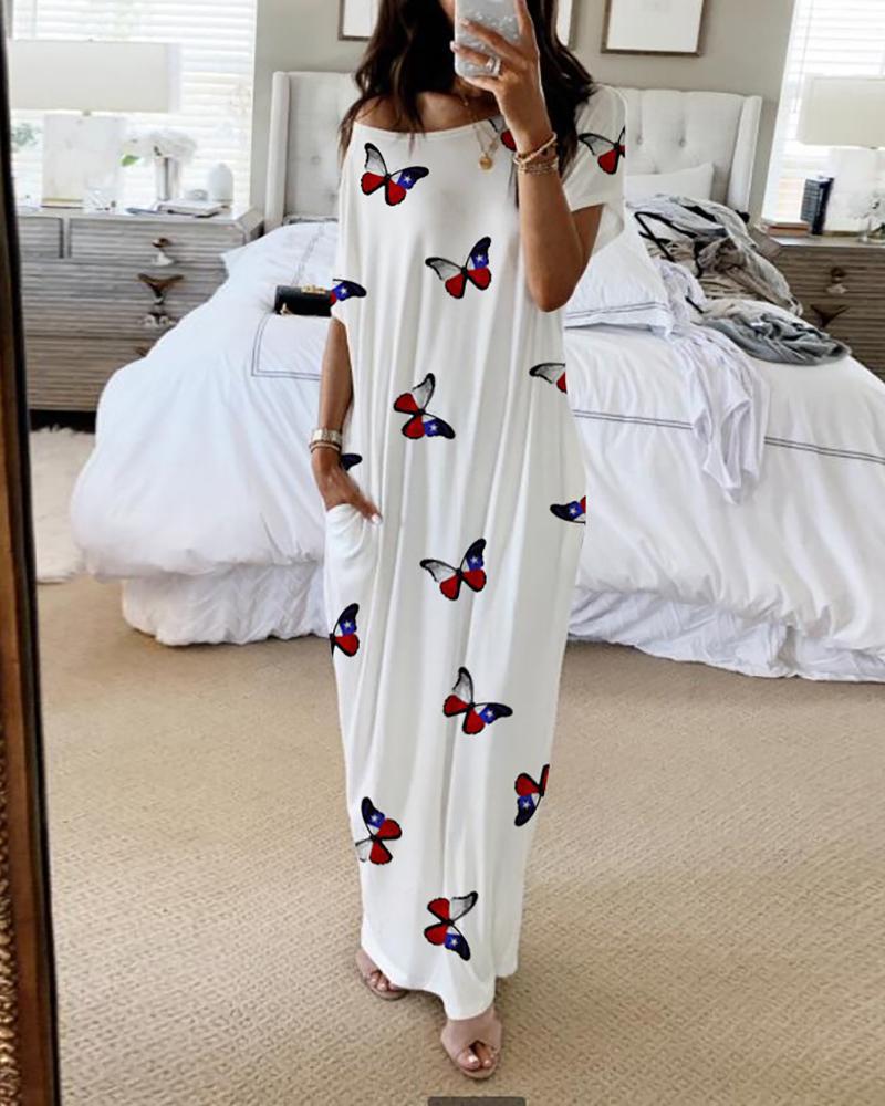 new women's butterfly print short-sleeved long dress_mkmklike.com