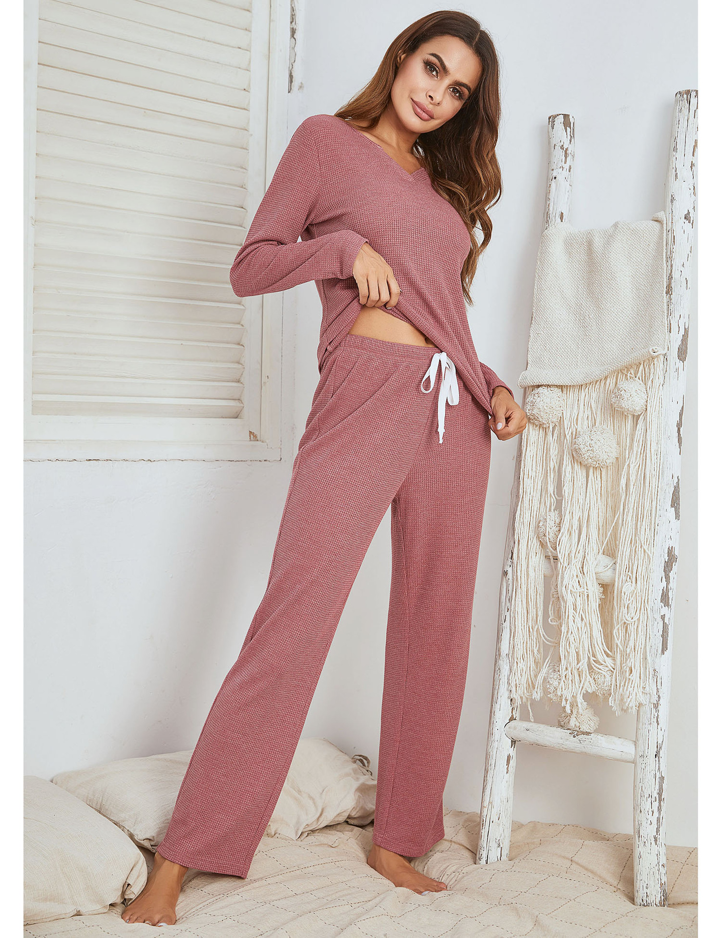 【月销2W】亚马逊独立站秋冬爆款外贸女装十字螺纹睡衣家居服套装