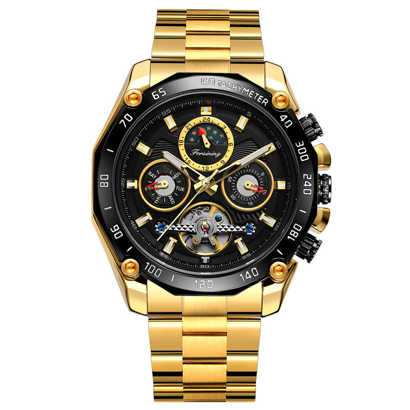 FORSINING hombres de negocios correa de acero reloj mecánico automático multifunción reloj de seis pines Placa de reloj mecánico 6913