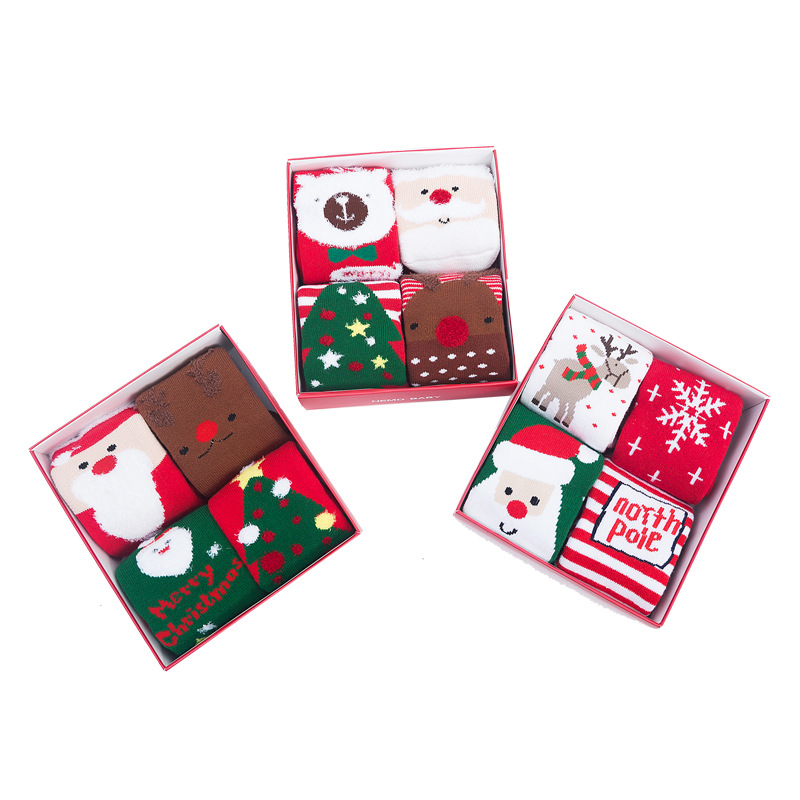 Calcetines de navidad para bebés otoño e invierno engrosados forrados de lana cálida caja de regalo bebé recién nacido bebé tubo largo vacaciones calcetines rojos