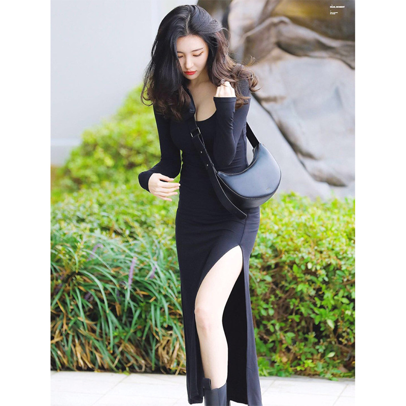 fashion sexy square neck split knit slimming long dress NSLQ12148