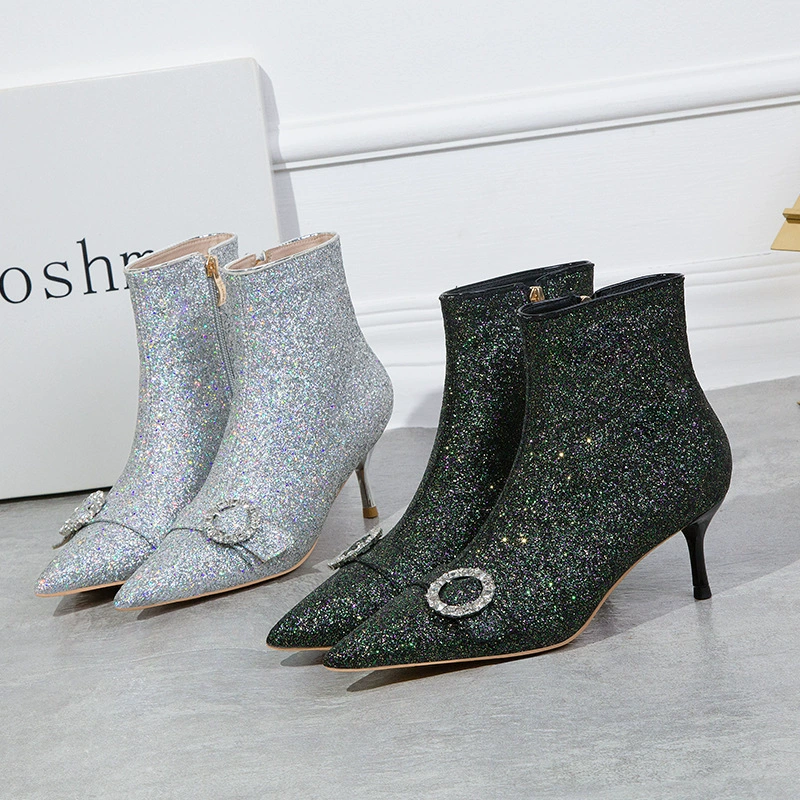 188-3 в Корейском стиле Модные банкетные ботильоны для похудения сексуальные заостренные шпильки на высоком каблуке замшевые Блестящие ботильоны со стразами для женщин
