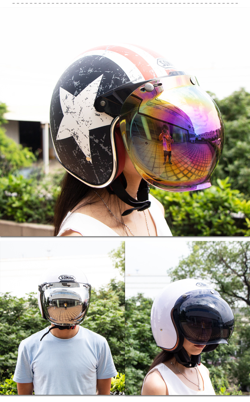 Motorcycle Helmet Lens Retro Half Helmet Bubble Mirror Three-Button Windproof Lens with Bracket 3/4 Helmet Goggles