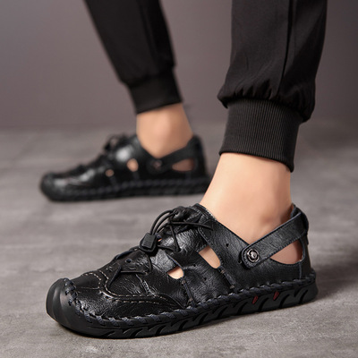 男士手工休闲皮凉鞋透气网眼鞋宽脚加肥加宽凉皮鞋软底洞洞鞋|ru