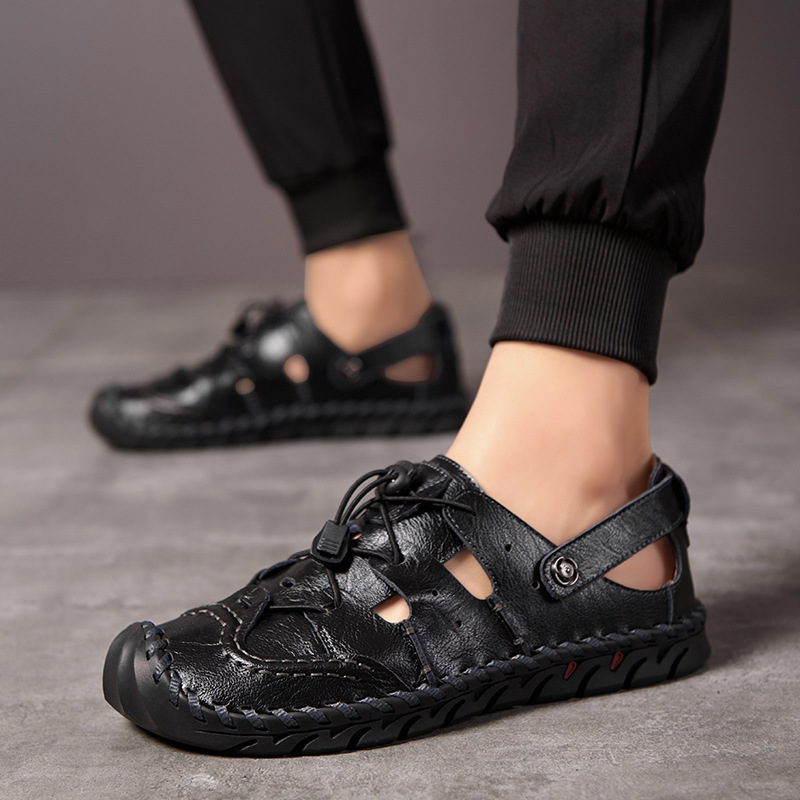 男士手工休闲皮凉鞋透气网眼鞋宽脚加肥加宽凉皮鞋软底洞洞鞋|ru