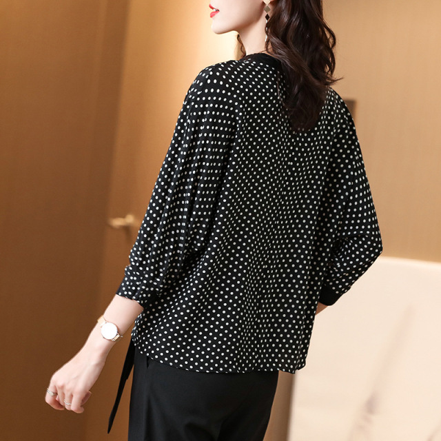 Elegant thin polka dot silk shirt knotted round neck casual silk blouse female