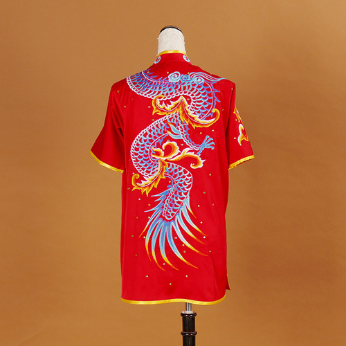 Tai chi clothing chinese kung fu uniforms High grade embroidered martial arts suit Changquan training competition costume dragon flying routine competition suit short sleeve red men and women