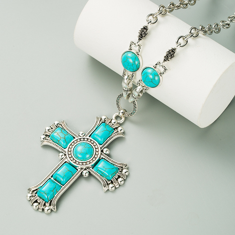 Retro Exaggerated Cross Shape Multi-layer Alloy Inlaid Turquoise Necklace display picture 3