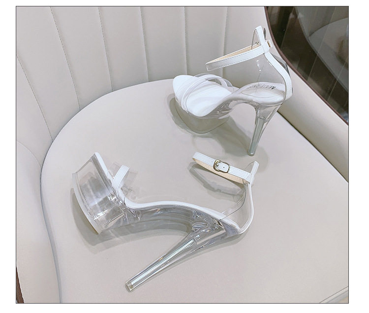 Dép sandal nữ gót nhọn pha lê trong suốt, đế cao 11 cm, quai móc cài — Màu bạc, Màu trắng, Màu đen chi tiết 29