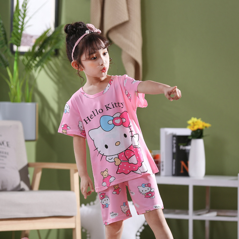 夏季兒童睡衣女童可愛卡通牛奶絲薄款短袖男童套裝6-8-10歲家居服