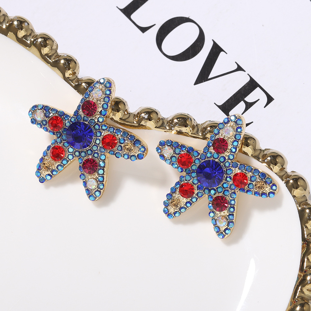 Personalized Fashion Starfish Color Diamond Wild Earrings Super Flash Five-pointed Star Shape Cute Japanese And Korean Temperament Earrings Wholesale display picture 7