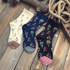 20秋冬新款 日系復古全棉中筒襪 森系褶皺邊小花韓版女襪優雅棉襪