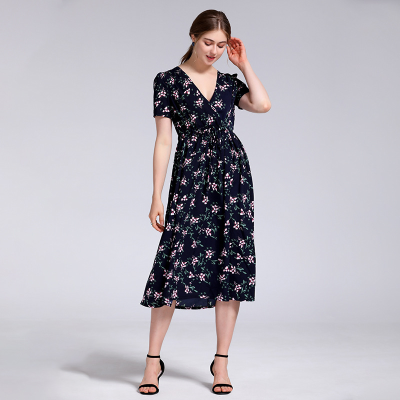 夏秋季新款V领个性印花过膝长款连衣裙时尚性感优雅显瘦淑女|ms