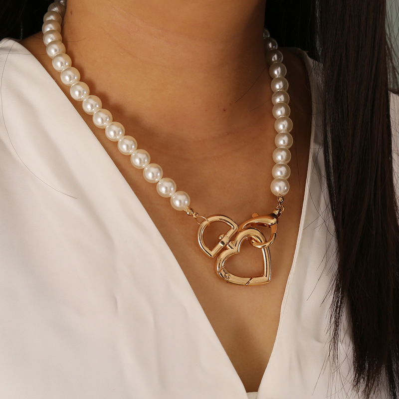 heart lobster clasp pearl clavicle chain