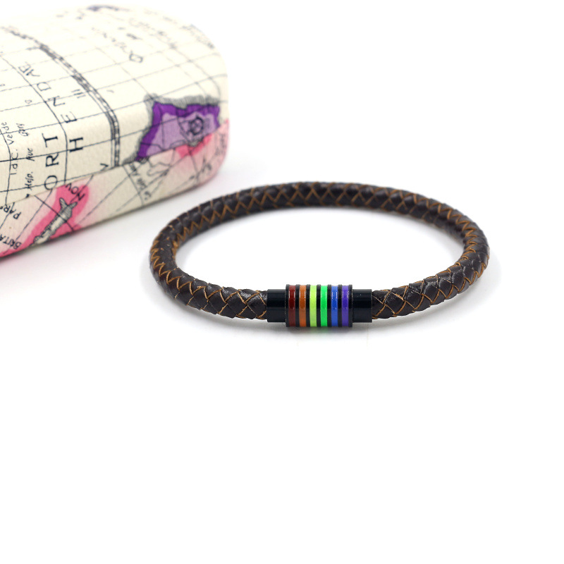 Fashion Woven Cowhide Rainbow Buckle Bracelet Men And Women Titanium Steel Magnetic Buckle Jewelry display picture 5