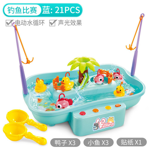 Cross-border children's play house fun toys electric light music rotating fishing plate yellow duck water toy set