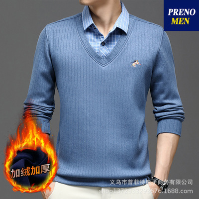 冬季保暖襯衫男士長袖加絨加厚假兩件套頭廠家直銷批發襯衣中青年