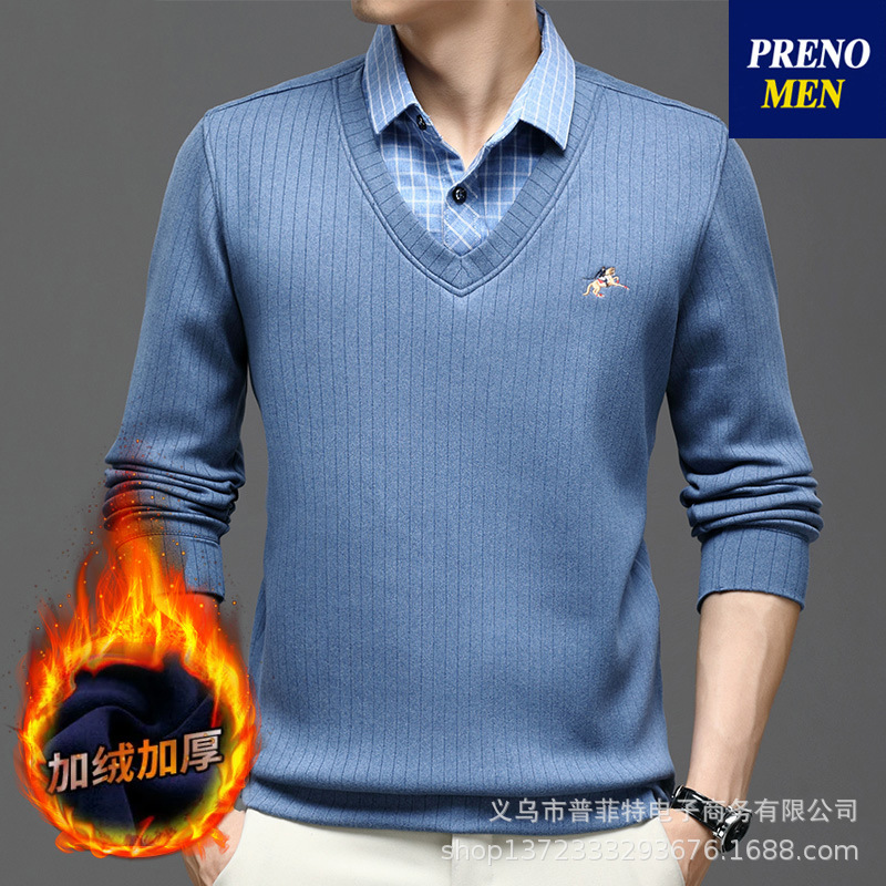 冬季保暖襯衫男士長袖加絨加厚假兩件套頭廠家直銷批發襯衣中青年