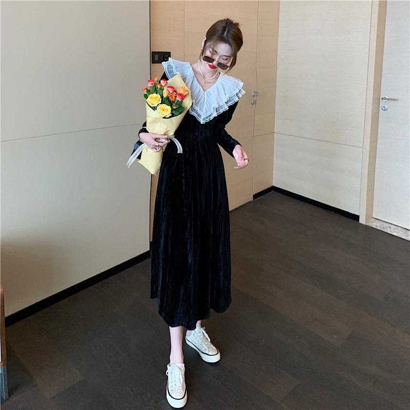 6322法式复古丝绒连衣裙秋季女长袖收腰显瘦时尚百搭轻熟风长裙潮