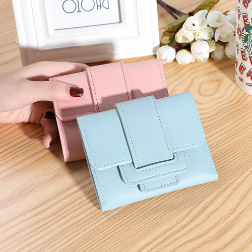 Factory direct sales new Korean version short solid color drawstring three-fold women's wallet simple multi-card slot coin purse wallet