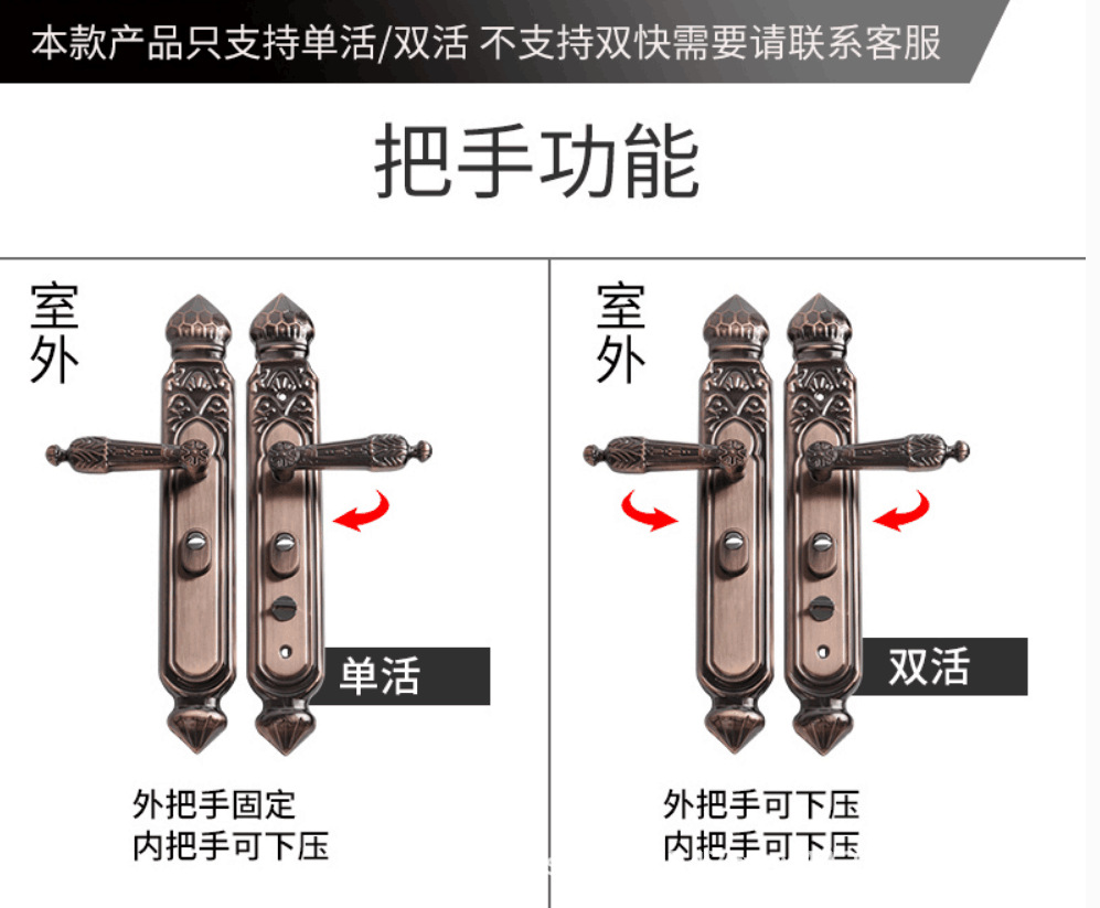 Cerradura de puerta antirrobo panel de cerradura de puerta de bronce rojo mango alargado panel de manija de puerta doble abierta manija de bronce rojo