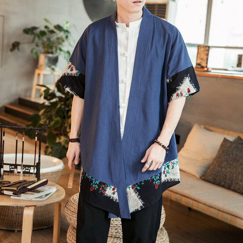 Teenagers' Hanfu Chinese Style Men's Cotton and Linen Short-Sleeved Cape Jacket, Large Size Kimono Sun Protection Cardigan, New Chinese Style