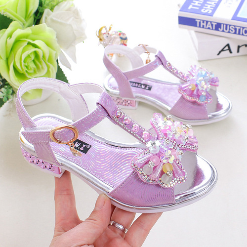 Factory direct supply of children's sandals princess crystal diamond middle and large children girls dance student shoes baby soft soles