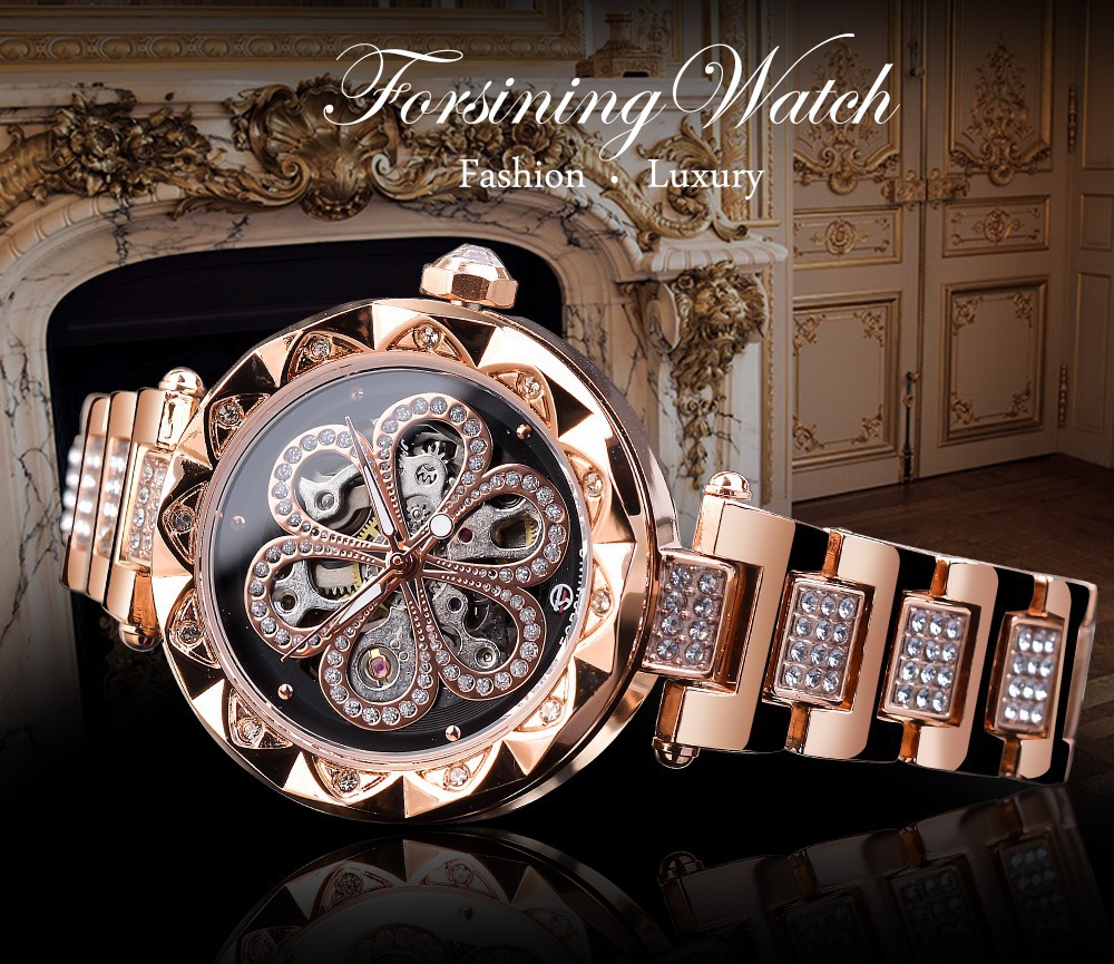Women's Rhinestone Skeleton Mechanical Watch Automatic Waterproof_voghion.com