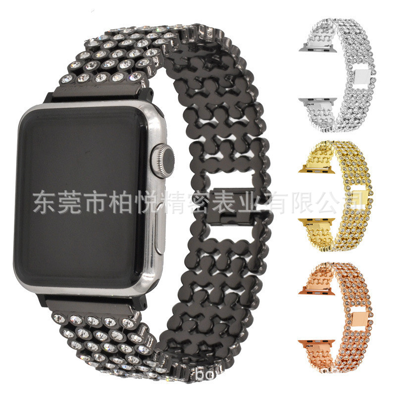 適用于蘋果手表表帶 五铢圓柱滿鑽鋼帶 iwatch金屬不鏽鋼手表帶