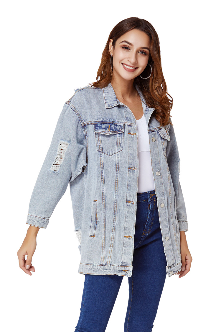 loose long ripped denim jacket  NSSY9455