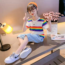 2025新款夏季女童套装韩版儿童短袖破洞牛仔裤两件套中大童夏装潮