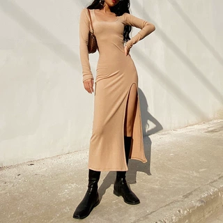 网红性感紧身连衣裙女2020秋季新款V领短袖露腿中长款高开衩裙子